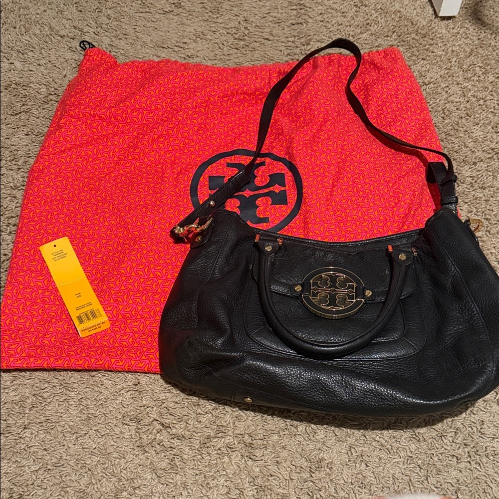Tory Burch Black Leather Handbag with Gold Details